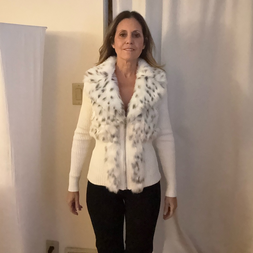 Boston Proper White and Black Faux Fur Teddy Sweater Jacket